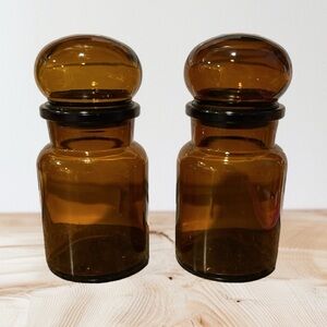 Set of Two Vintage Belgium Amber Bubble Top Apothecary Jars